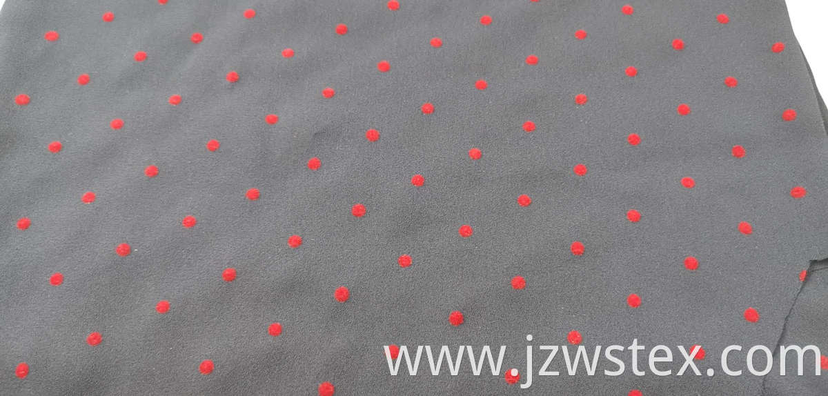 100% Polyester moss crepe with Red flocking dots Inelasticfabric